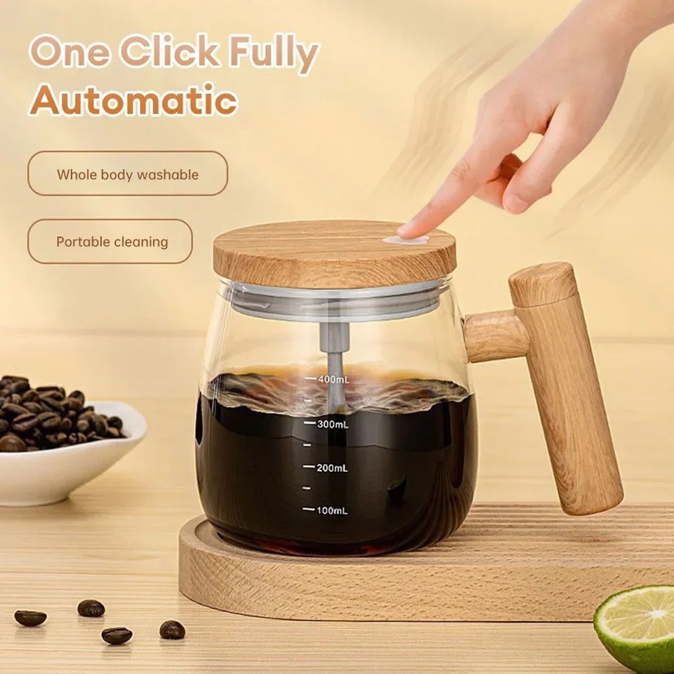 Electric Self Stirring Glass Coffee Mug with Lid & Handle