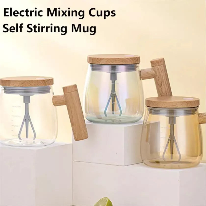 Electric Self Stirring Glass Coffee Mug with Lid & Handle