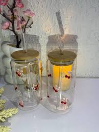 Cherry & Bow Glass Tumbler with Bamboo Lid and Glass Straw