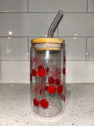 Cherry & Bow Glass Tumbler with Bamboo Lid and Glass Straw